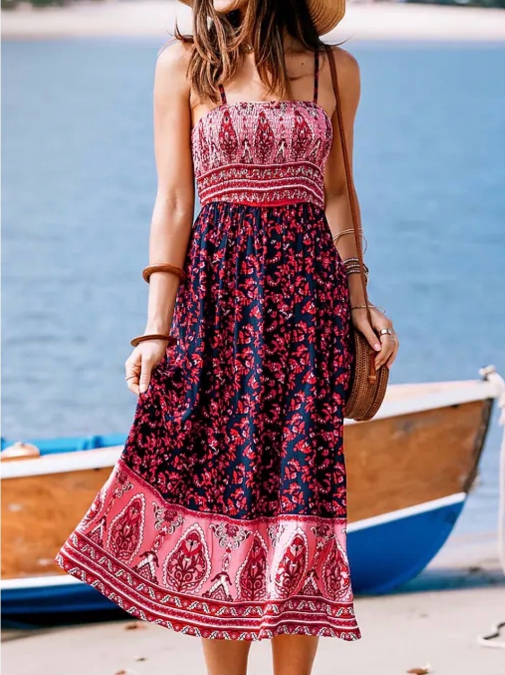 Boho Smocked Strapless Midi Dress in Red Floral Size M